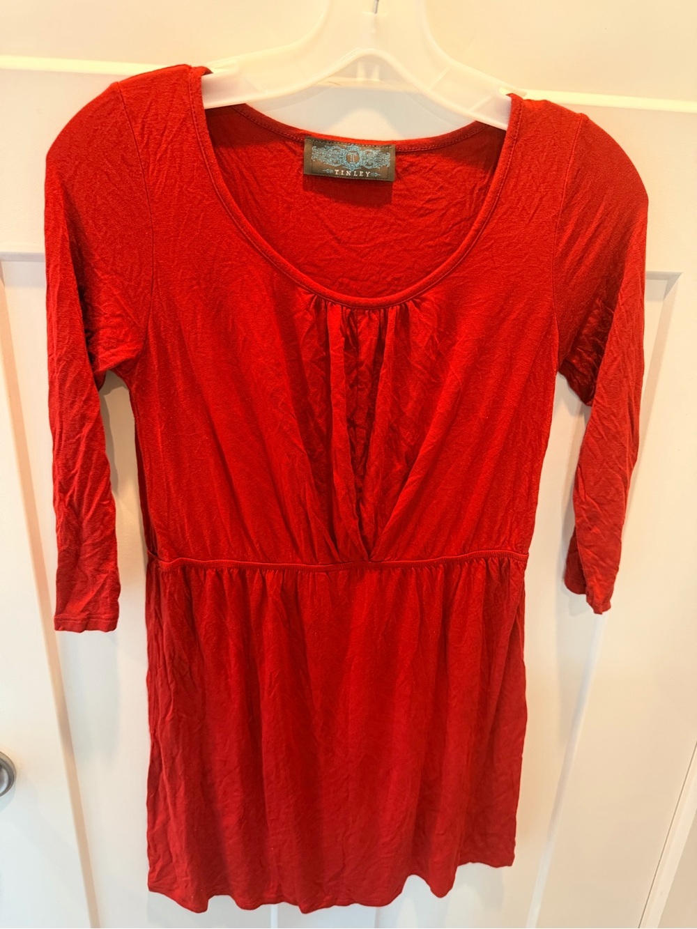 Tinley XS Red Empire Waist Knit Tunic Dress 3/4 Sleeve Casual Boho